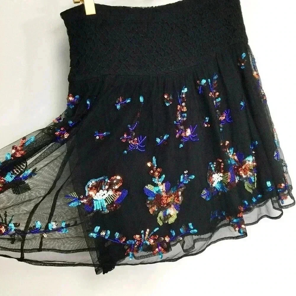 Anthropologie Womens‎ Size XS Sequin Mini Skirt Black Tulle Embroidered Flowy